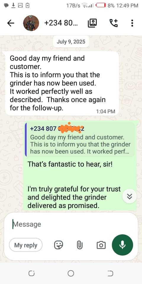 Customer WhatsApp Testimony from Lagos State